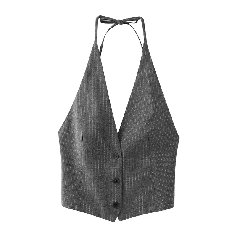 

Women 2023 New Fashion Halter Neck Striped Tank Tops Vintage Button Up Sexy Backless Female Chic Vest Top Mujer
