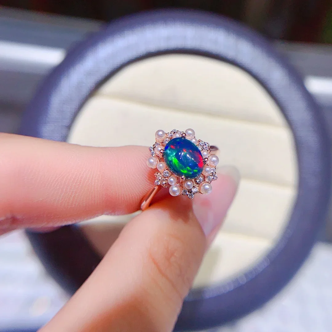 925 Sterling Silver Black Opal Natural Gem Jewelry Ring Women's Luxury Women's Necklace with free Christmas shipping