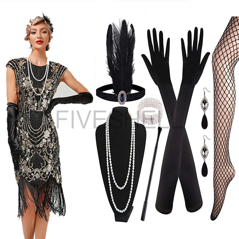 

Women 1920s Vintage Great Gatsby Cosplay Dress Double V-Neck Sleeveless Beaded Sequin Tassel Vestido Art Deco Flapper Dress