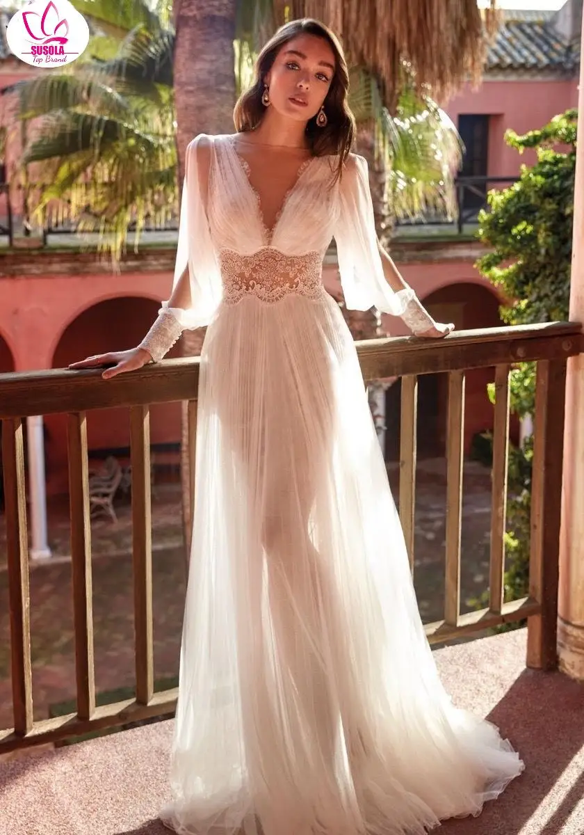 

SUSOLA Lady Summer Elegant Women Maxi Party Dress Vintage Sexy Transparent Mesh Long Sleeve White Lace Tunic Long Dress