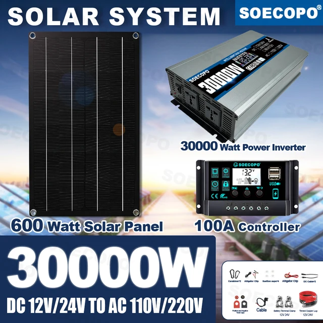 Kit Système Solaire SOECOPO 30000W avec Panneau Photovoltaïque 600W, Onduleur 12V/24V vers 110V/220V et Contrôleur 100A pour Maison et Camping 1