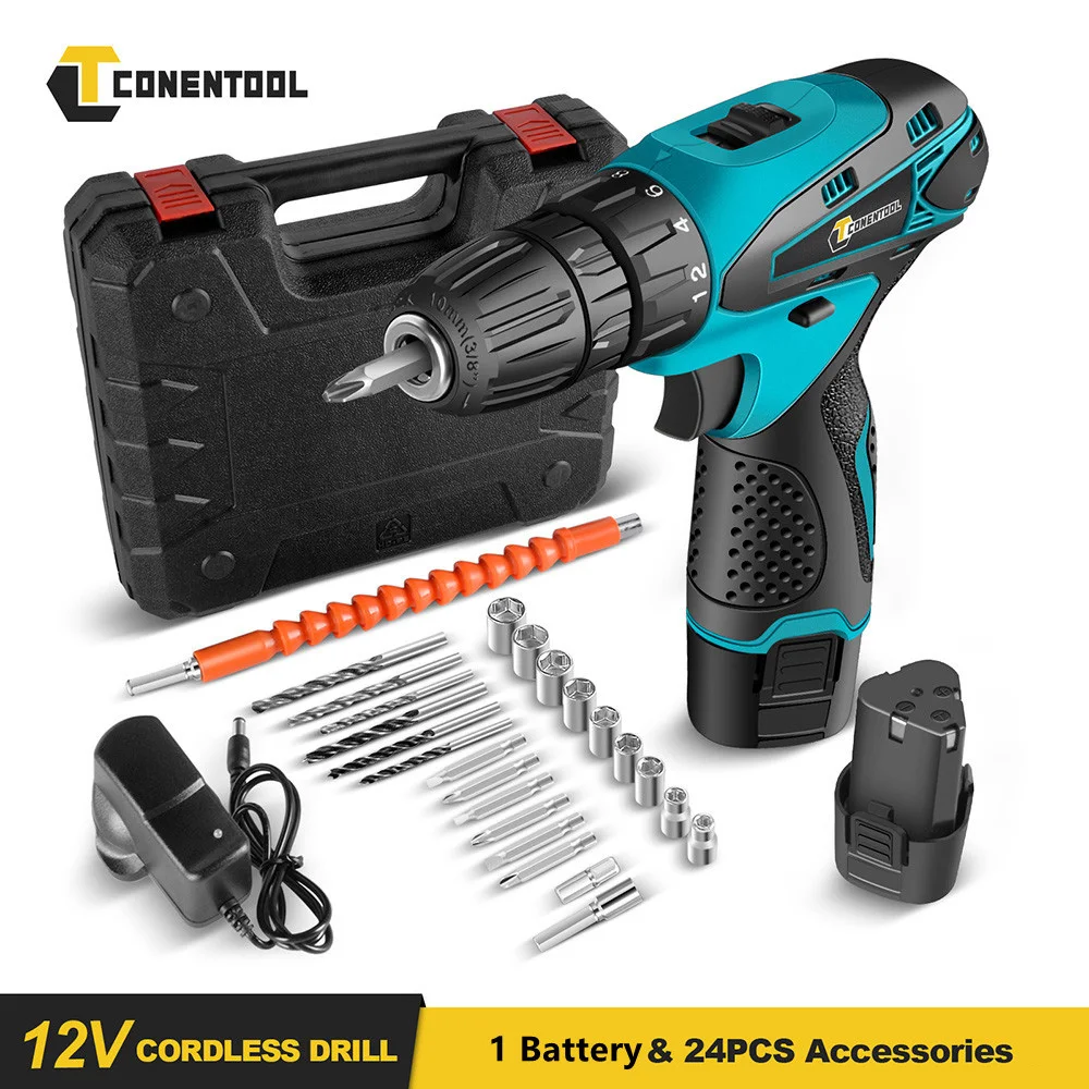 CONENTOOL 12V Electric Screwdriver Set 1500mah Battery Drill Cordless Rechargeable Screwdriver Torque 18+1 Power Tools Kit