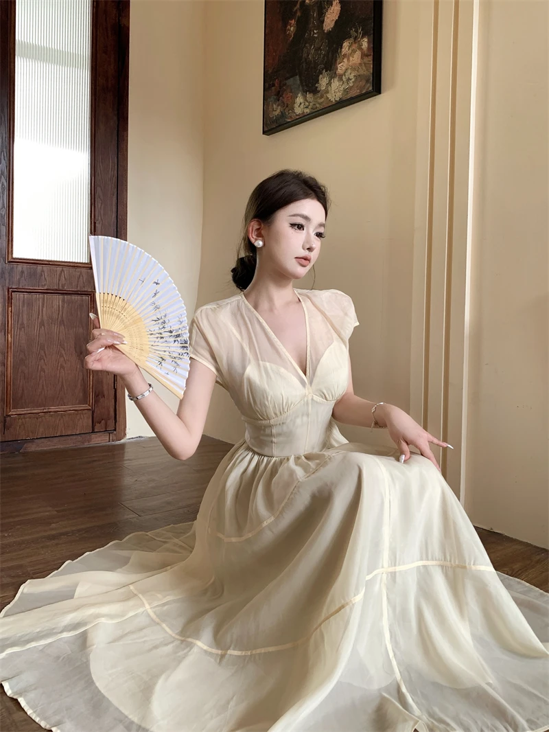 Elegant Long Dresses for Women V-neck A-line Birthday Party Dress French Casual High Waist Summer New Prom Retro Vestidos Mujer