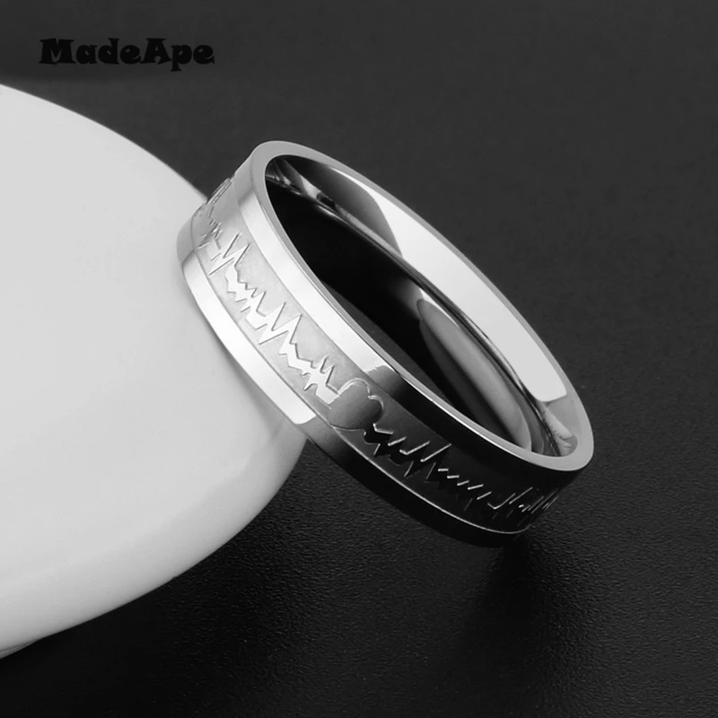 MadApe ECG Couple Ring Gold Color Titanium Stainless Steel Width 6mm Women Weddding Ring For Women Men Engagenemt Ring Jewelry 5