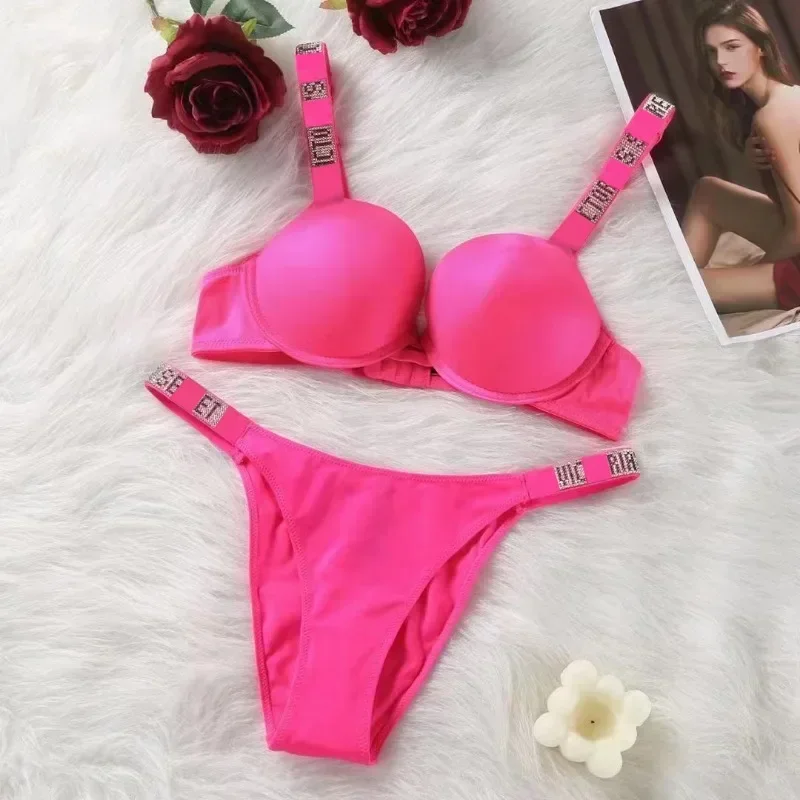 Sexy rhinestone lingerie set for women, 2-piece push up bra and underwear set, plus size close fitting pajamas wholesale free de