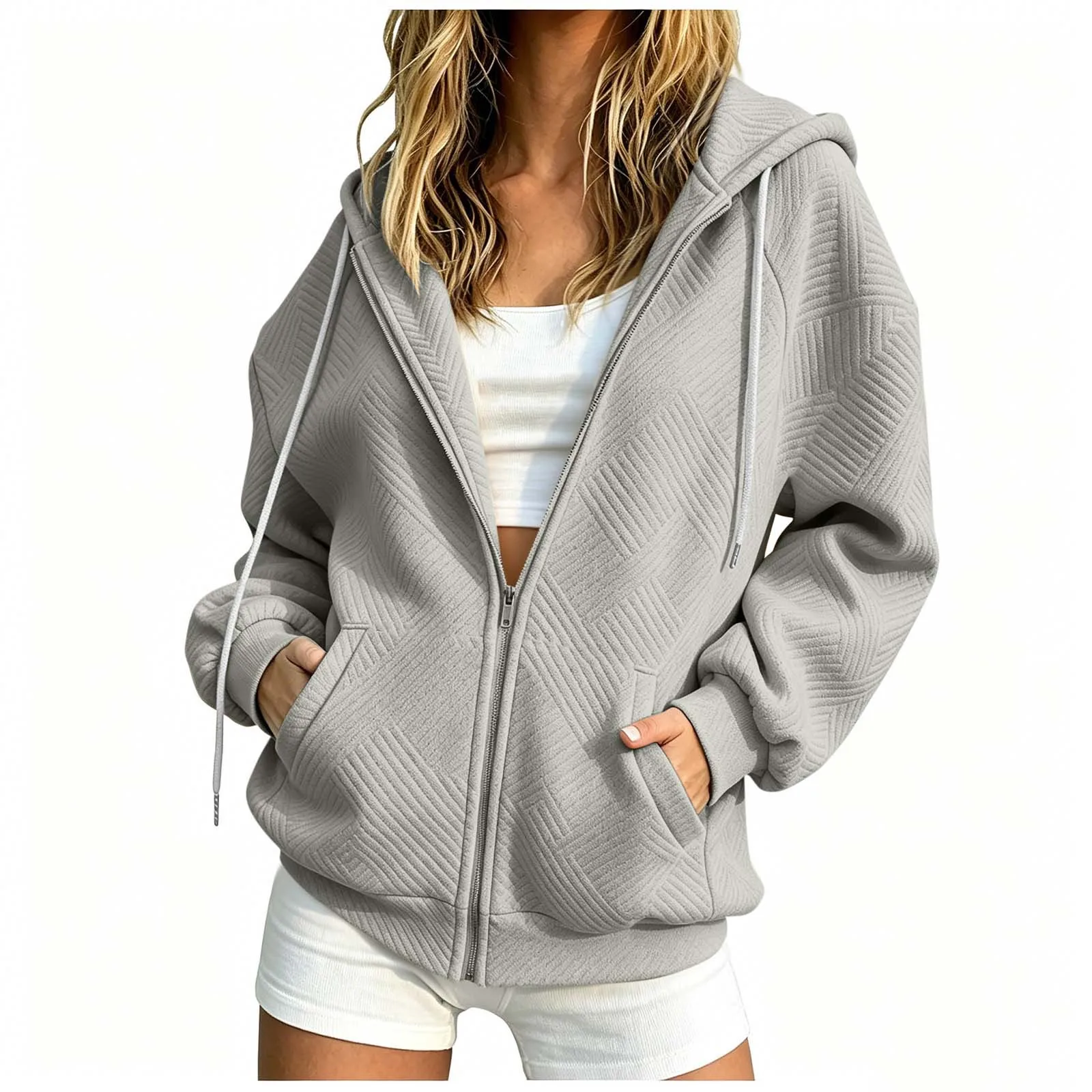 Women Winter Solid Color Pocketed Hooded Long Sleeved Coat Top Zippe Hoodies for Women