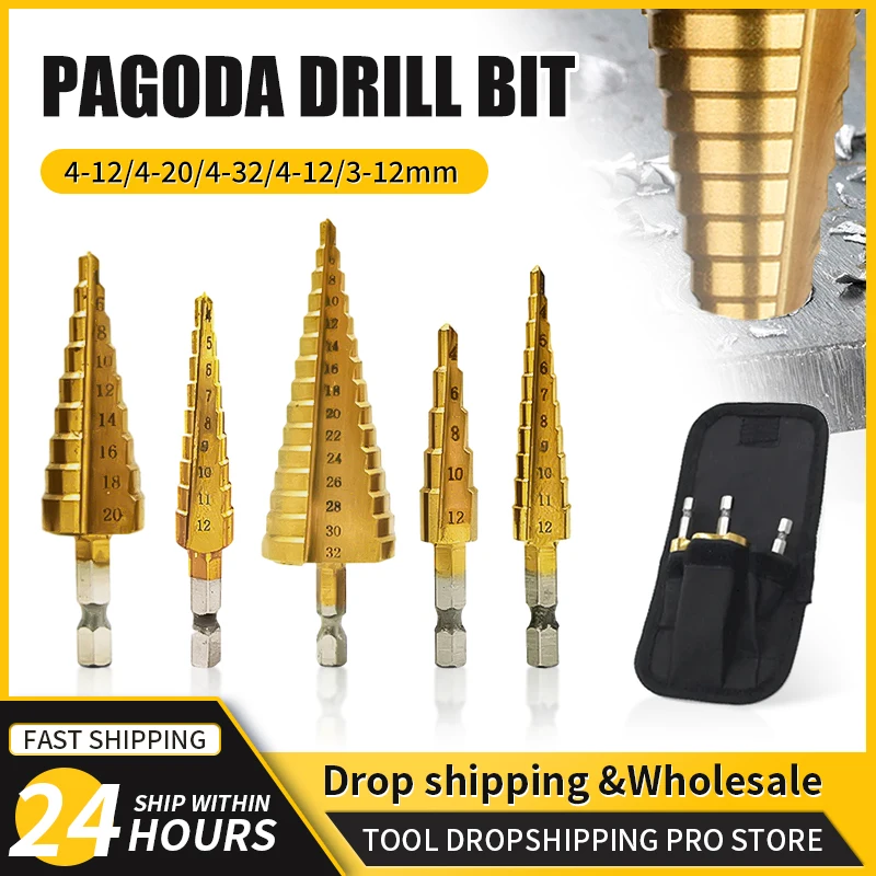 

HSS Straight Groove Step Drill Bit Titanium Coated Hole Saw Hex Shank Pagoda Drill Conical Stage Drill For Metal Wood Power Tool