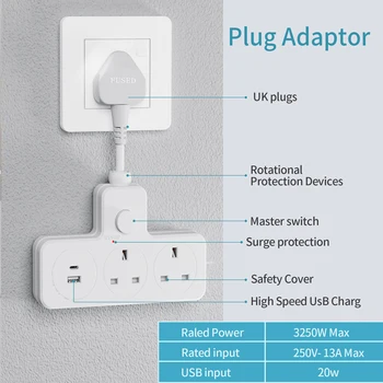 UK Power Plug Wall Outlet 13A 3120W Flexible Power Strip Outlets Extender USB Power Outlet Travel Power Adapter Home Office 1