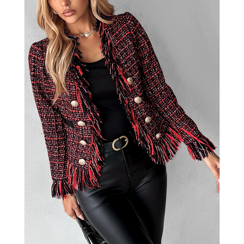 

Spring Fashion Women Tassel Design Tweed Cropped Coat y2k Femme Cardigan Double Breasted Jackets for Women Elegant Work Outfits