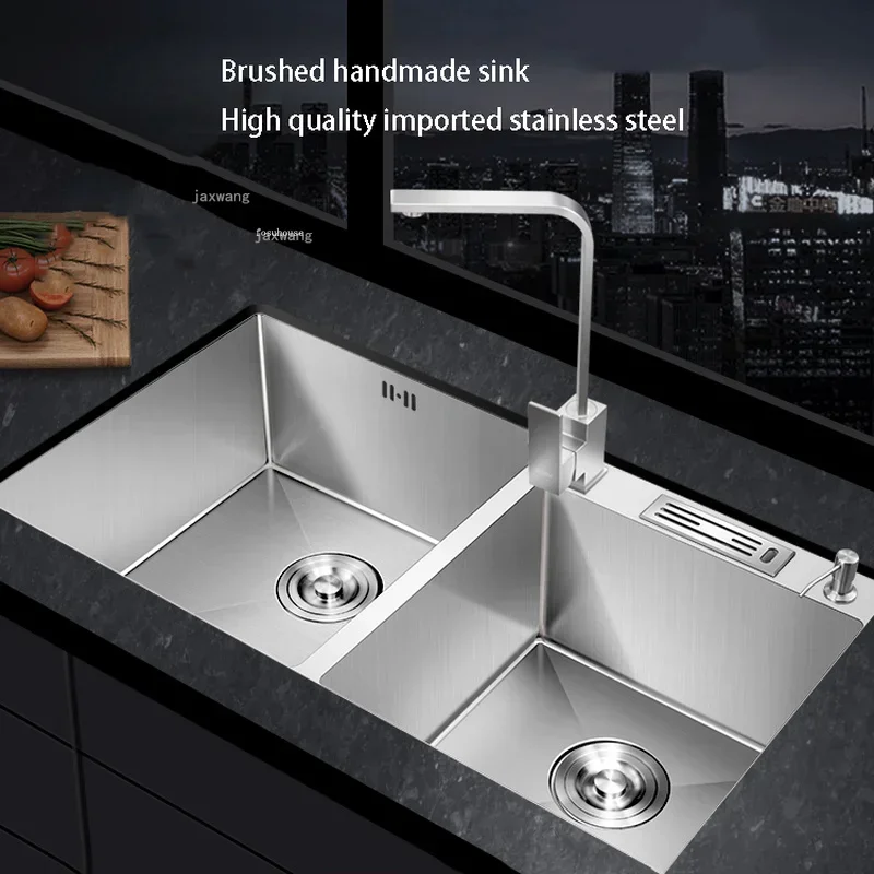 Stainless Steel Rectangular Kitchen Sink Home Improvement Brushed Double Bowls Kitchen Fixture Washing Fruit Undermount Basin AA