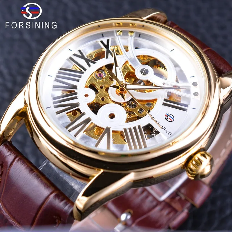

Fashion Forsining Top Brand Men's Casual Hollow Out Skeleton Automatic Mechanical Movement Genuine Leather Wrist Watches