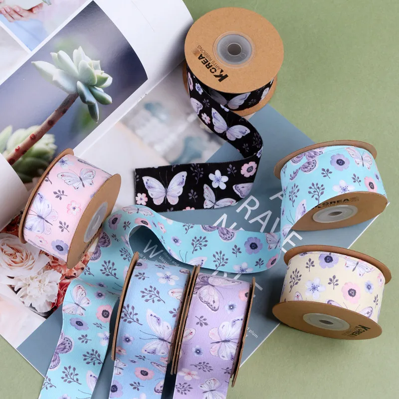 100Yards 25/38mm Butterfly Small Floral Chenille Printed Ribbon DIY Make Bowknots Kids Hair