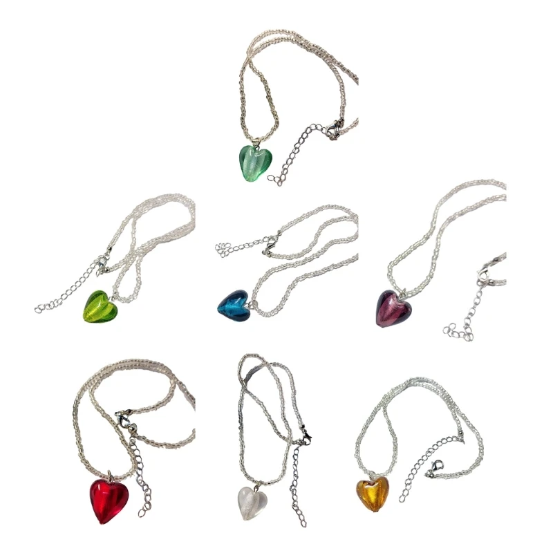 

E0BF Fashion Handmade Seed Beads Necklace for Women Sweet Heart Pendant Necklaces