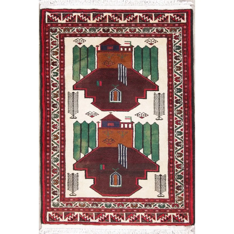 

Prayer Rug Pictorial Ivory and Green Hand-made 3' 7" x 2' 7"