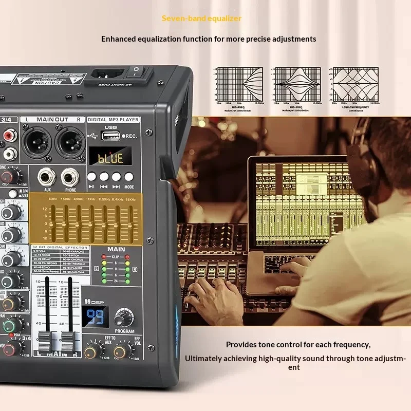 블루투스 지원 MP3 믹서 - 99개 DSP 효과, 7밴드 EQ, 48V 팬텀 파워, 라이브 스트리밍 및 무대 녹음을 위한 USB 사운드 카드