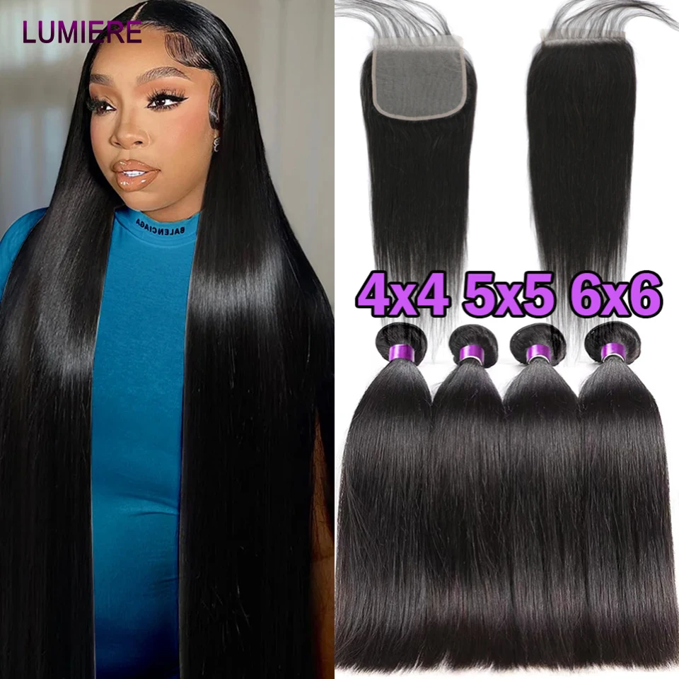 32 40” Bone Straight Human Hair Bundles With 4X4 5x5 6x6 HD Lace Closure Frontal HD Virgin Human Hair Bundle eal Hair Extension