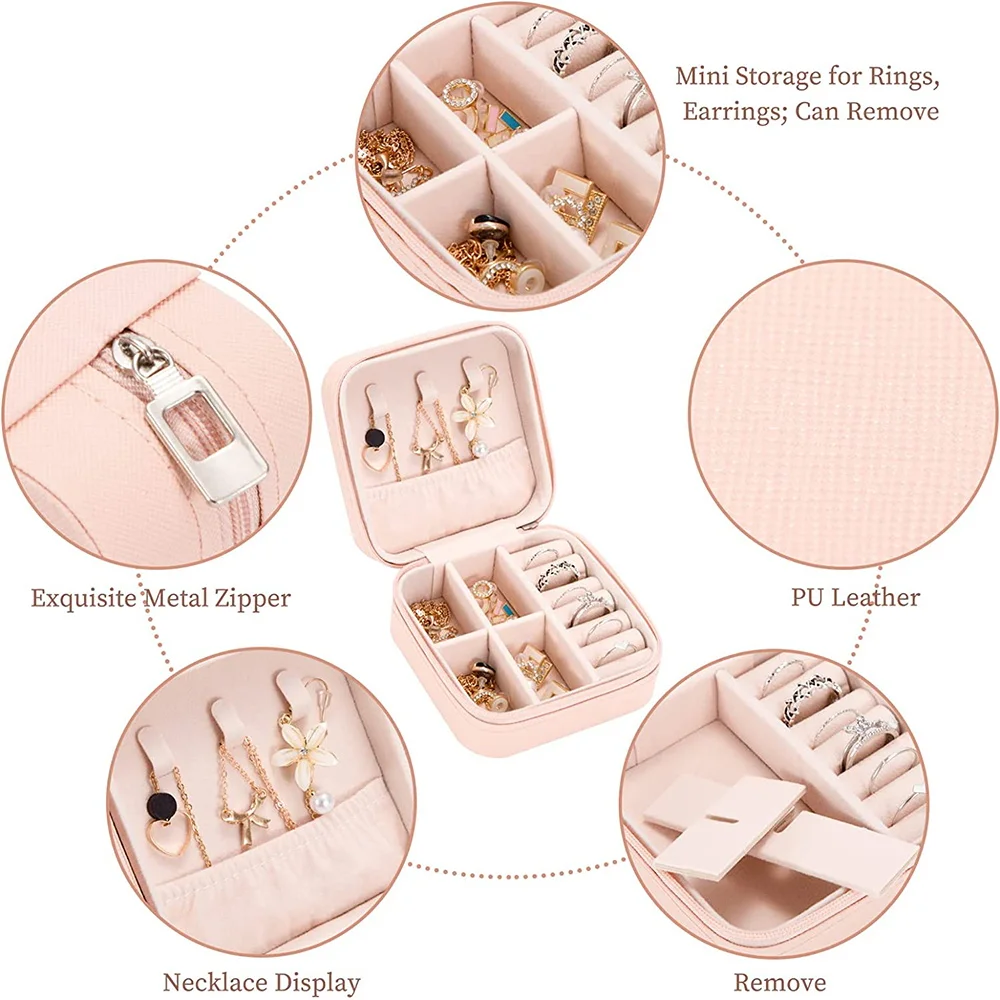 Mini Jewelry Box Organizer Display Travel Jewelry Zipper Case Boxes PU Leather Portable Earrings Necklace Ring Wedding Gift Box