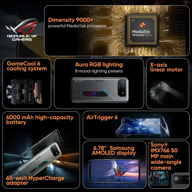Original ASUS ROG 6D 5G MediaTek Dimensity 9000+165Hz E-Sports Screen 65W fast charging 50 MP Camera ROG 6D Mobile Phone NFC
