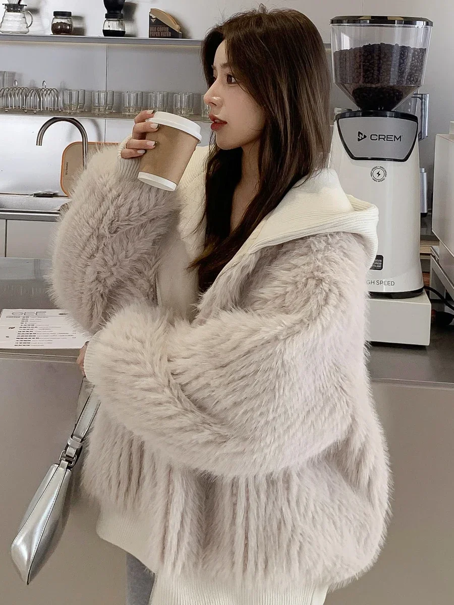 

Lautaro Autumn Winter Loose Casual Hairy Shaggy Soft Warm Faux Fur Coat Women with Hood Long Sleeve Zipper Korean Fashion 2022