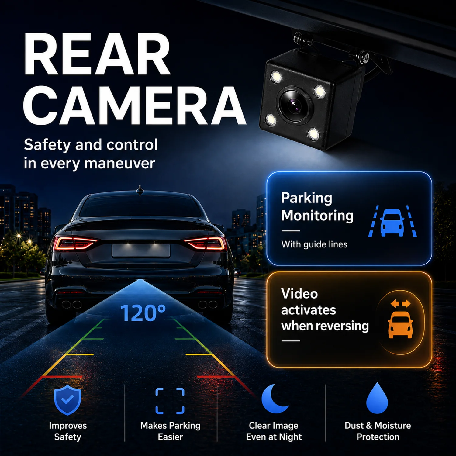 Dash Cam a 3 Canali 1080P con Telecamere Anteriore, Posteriore e Interna, Angolo di Visione 170°, Visione Notturna, Registrazione in Loop, Sensore G, Telecamera Posteriore per Auto DVR - immagine 5