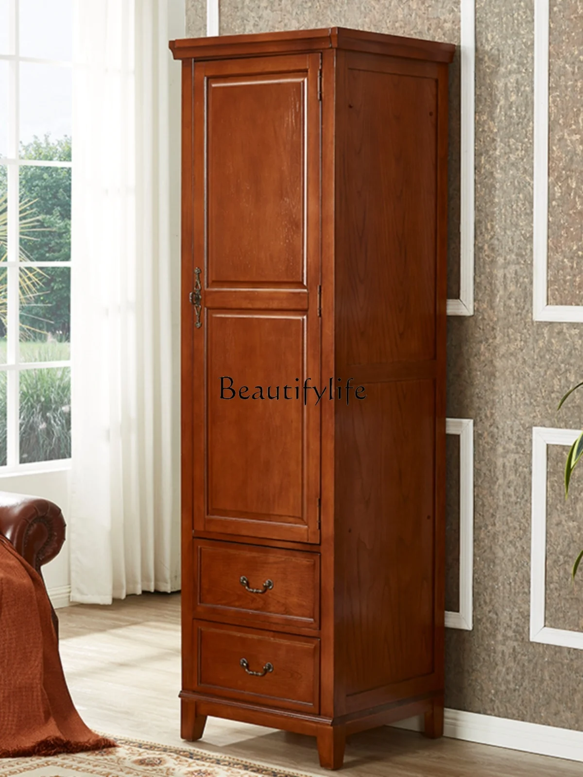 

American-Style Solid Wood Single Door Wardrobe Small Apartment Bedroom Locker with Mirror Hanging Wardrobe