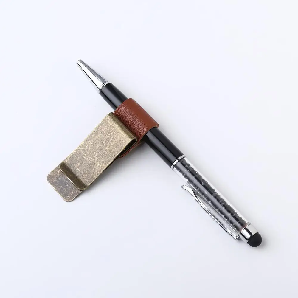 Convenient Metal Brass Pen Folder Notebook Holder Handmade Leather Stainless Steel Clips Stationery