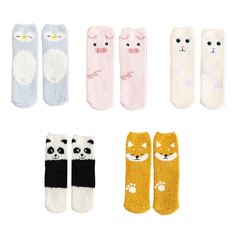 

E15E Women Cartoon Animal Winter Fuzzy Slipper Socks Panda Dog for Cat Pig Penguin Pattern Thick Coral Warm