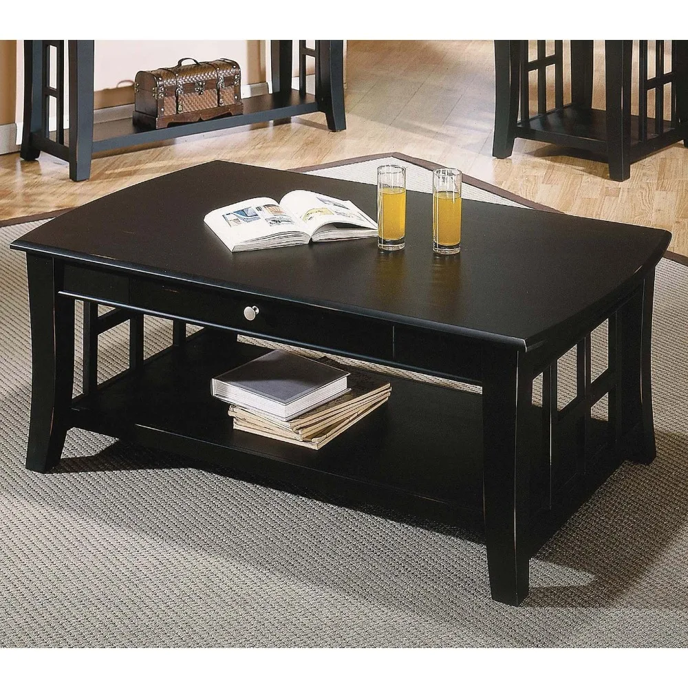 Cassidy Indoor Traditional with Storage and Shelf Rectangle Coffee Table, Black 2