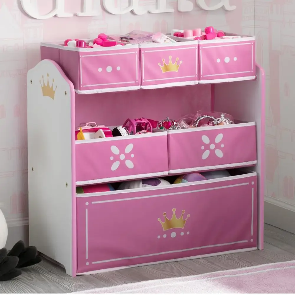 Princess Crown Multi-Bin Toy Organizer Storage Rack Kids 3  Metallic Gold Crown Emblems Easy Assembly Durable Wood and Fabric 4