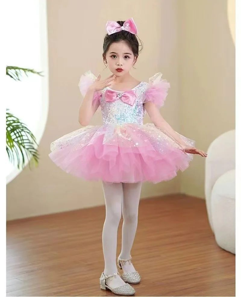 Yellow White Kids Ballroom Clothing Sequined Modern Dance Tutu Dress Girls Dance Costume Stage Wear Wedding Princess Dresses