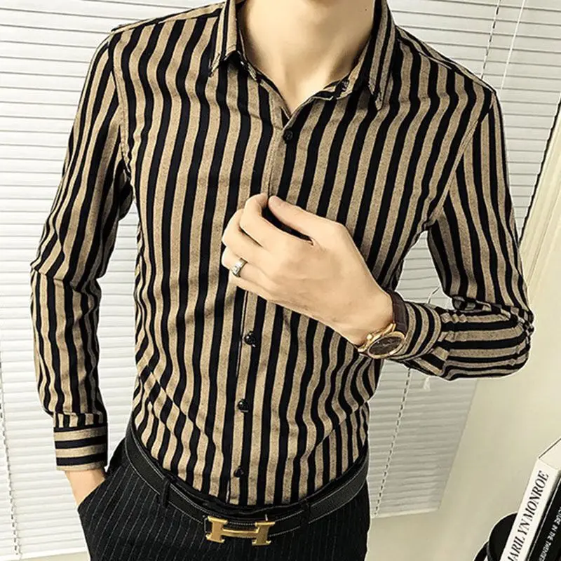 

2023 New Spring and Autumn Korean Edition Handsome Trendy Polo Stripe Print Casual Fit Versatile Men's Oversized Inch Shirt