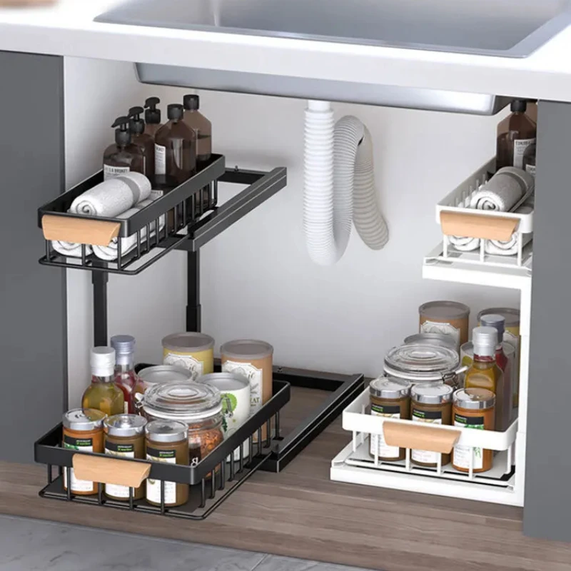 Cabinet Slide-Out Storage Rack Pull-Out Under Sink Organizer Spice Rack No-Punch Kitchen and Bathroom Storage Boxes