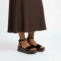 Women's Retro Velvet Wedge Sandals Platform Heels, Open Toe Ankle Strap Clogs Comfortable for Beach Resort Vacation Party - Image 2