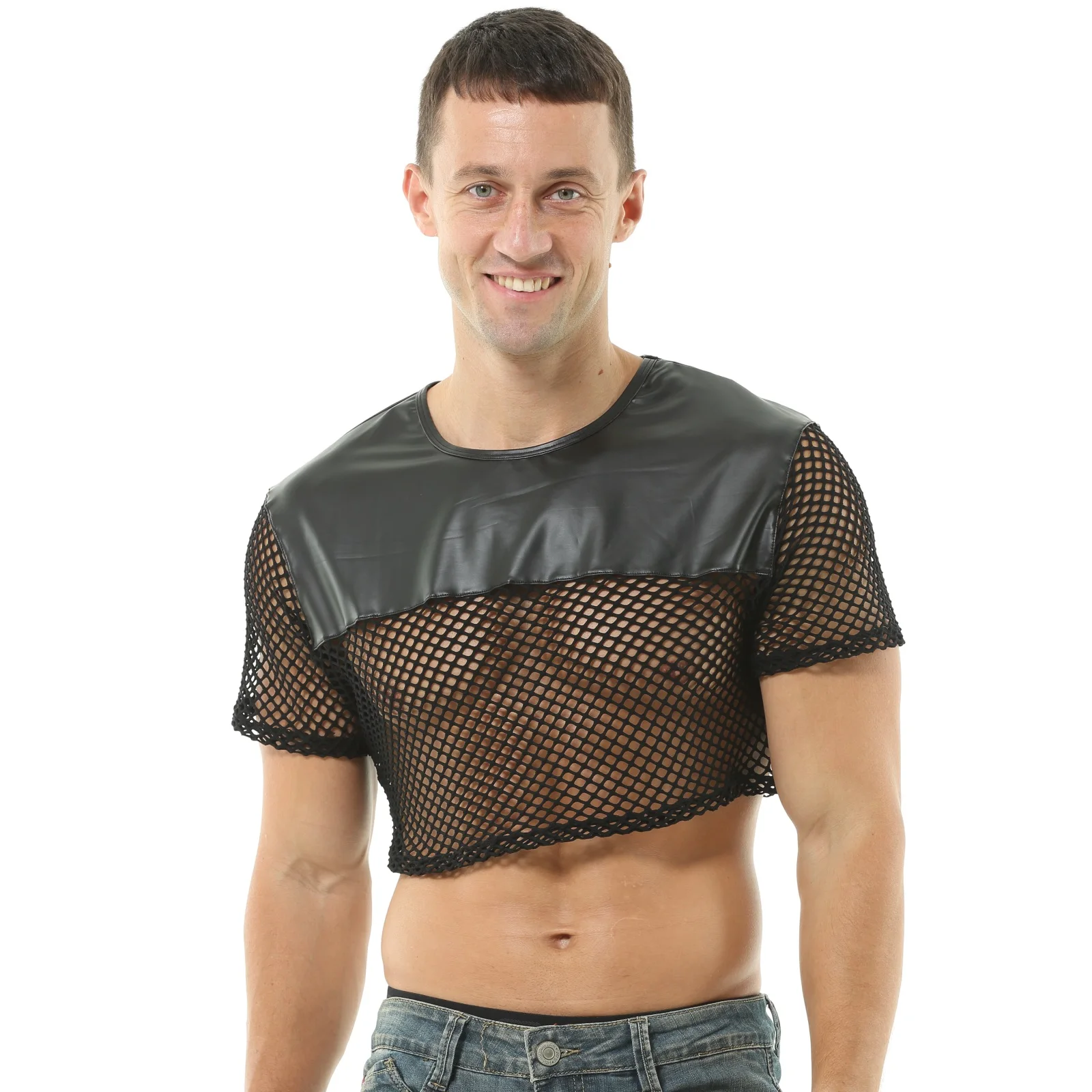 CLEVER-MENMODE Mens Sexy Crop Tops PU Leather Mesh Lingerie Mini Vest Tanks Short Sleeve Muscle Clubwear Erotic Costume O-Neck