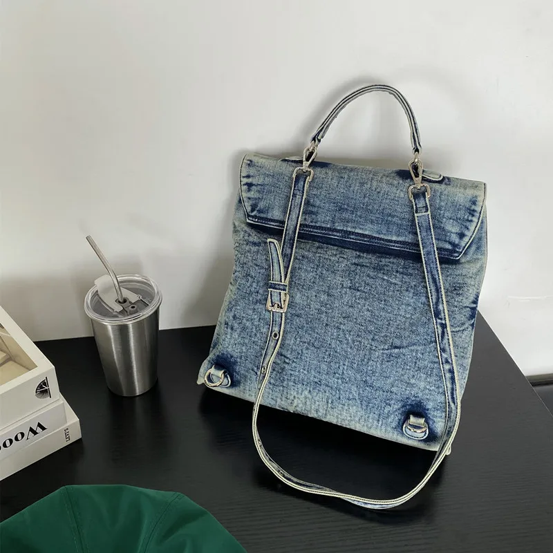 New Retro Denim Casual Schoolbags Fashion Backpacks for Mens Streetwear Cool Commuting Multifunctional Portable Backpack Female