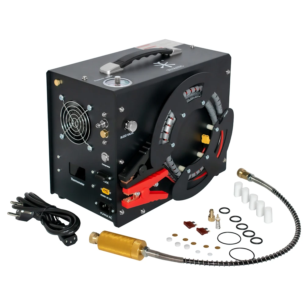 TUXING TXES062 4500Psi 300Bar Portable 12V PCP Air Compressor with Wire Spool Built-in 12V Transformer Auto-stop PCP Scuba Tank