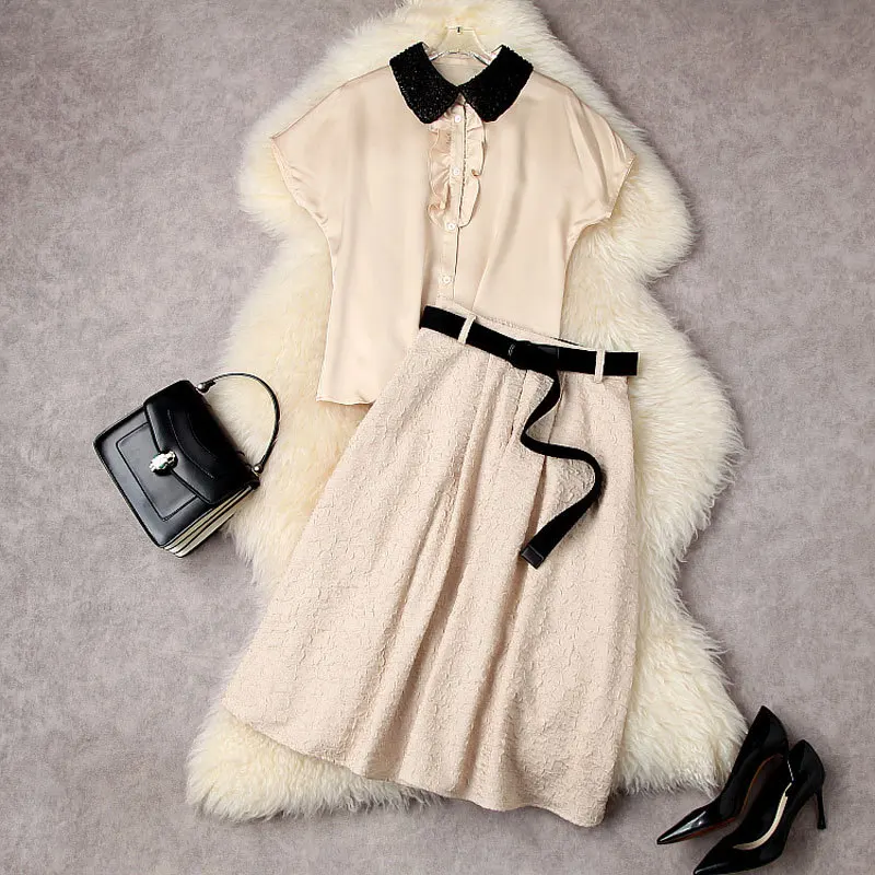 

Skirt Suits Women Summer 2022 New Fashion Beading Hit Color Peter Pan Collar Shirt + Jacquard Skirt Two Piece Set Female S-XL