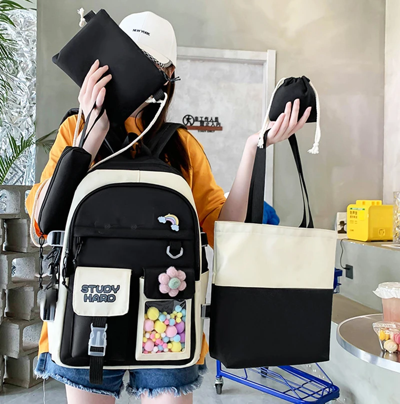 5 Pcs/Set Harajuku Kawaii Kids School Backpack Cute Women's Bagpack Bookbag Laptop Bag For Teenage Girls Students Bag Rucksack 3