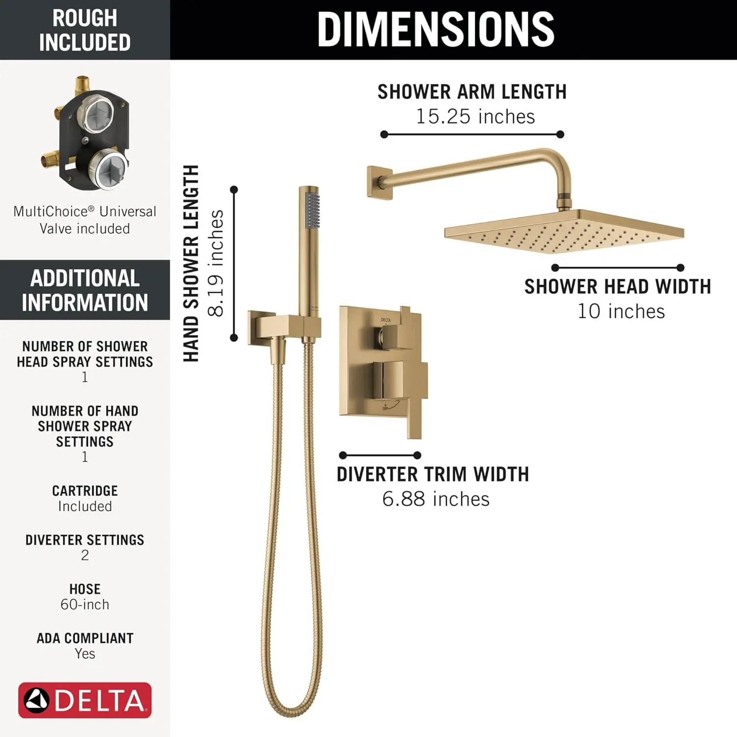 Delta Faucet Modern Raincan 2-Setting Square Shower System Including Rain Shower Head and Handheld Spray Gold 3