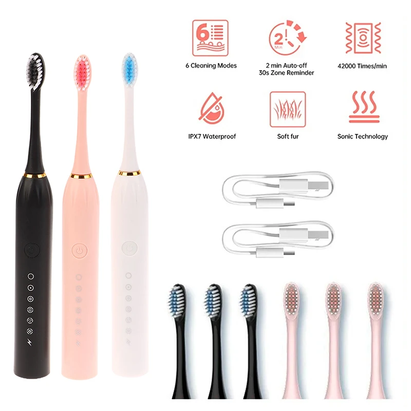 USB Rechargeable Toothbrush For Adult 6 Clean Modes Sonic Electric Toothbrush Washable Teeth Whitening And Cleaning With 4 Heads