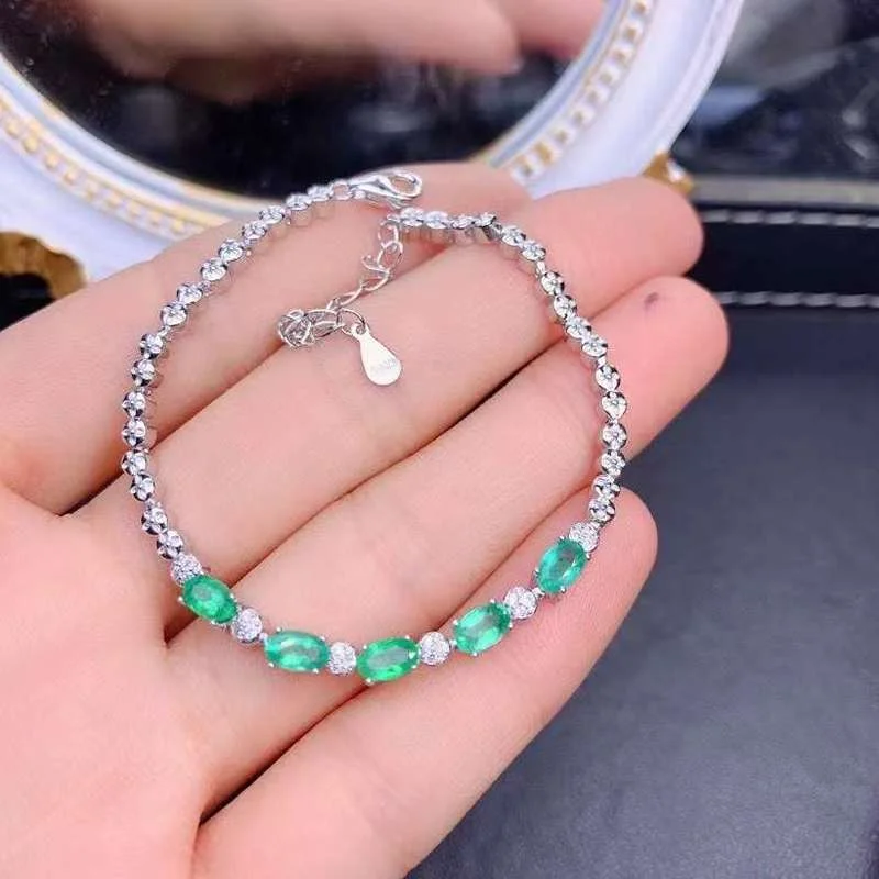 ユム-女性のための天然エメラルドブレスレット,925シルバー