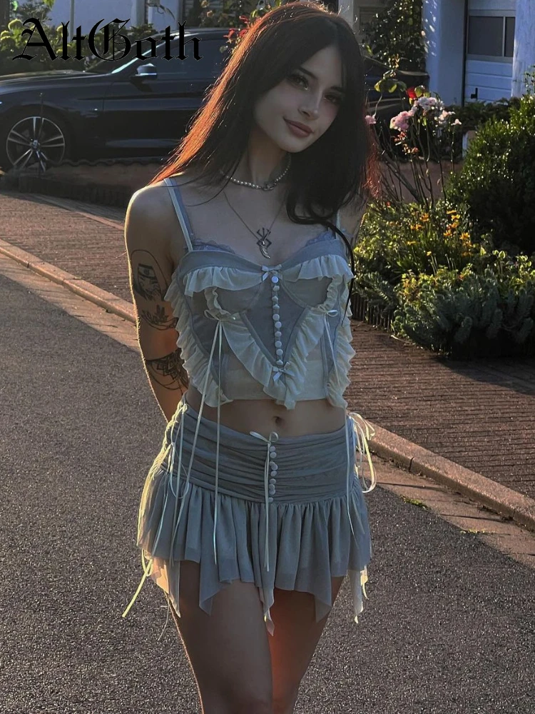 

AltGoth Y2k E-girl Streetwear Women Suits Fairycore Aesthetic Soft Goth Mesh Patchwork Lace-up Camisole Low Waist Pleated Skirts