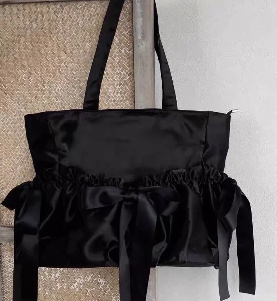 2024 New Spring Autumn Ladies' Hangbags Satin Japanese Style Pleated Bow Shoulder Bag Sweet Cute Large Capacity Bags for Women