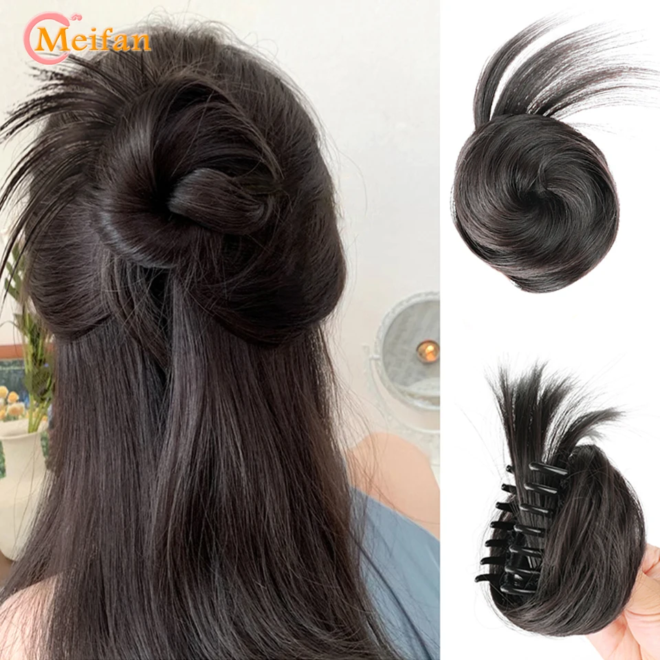 MEIFAN 여성용 합성 하프 타이 더블 헤어 번, 지저분한 고양이 귀 헤어 번, 낮은 발톱 시뇽 랩, 어라운드 헤어테일 익스텐션 