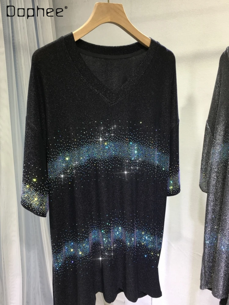 

Hot Drilling Oversized T Shirt Rhinestone Short-Sleeved T-shirt for Women 2023 Summer New Loose Mid-Length V-neck Black Top