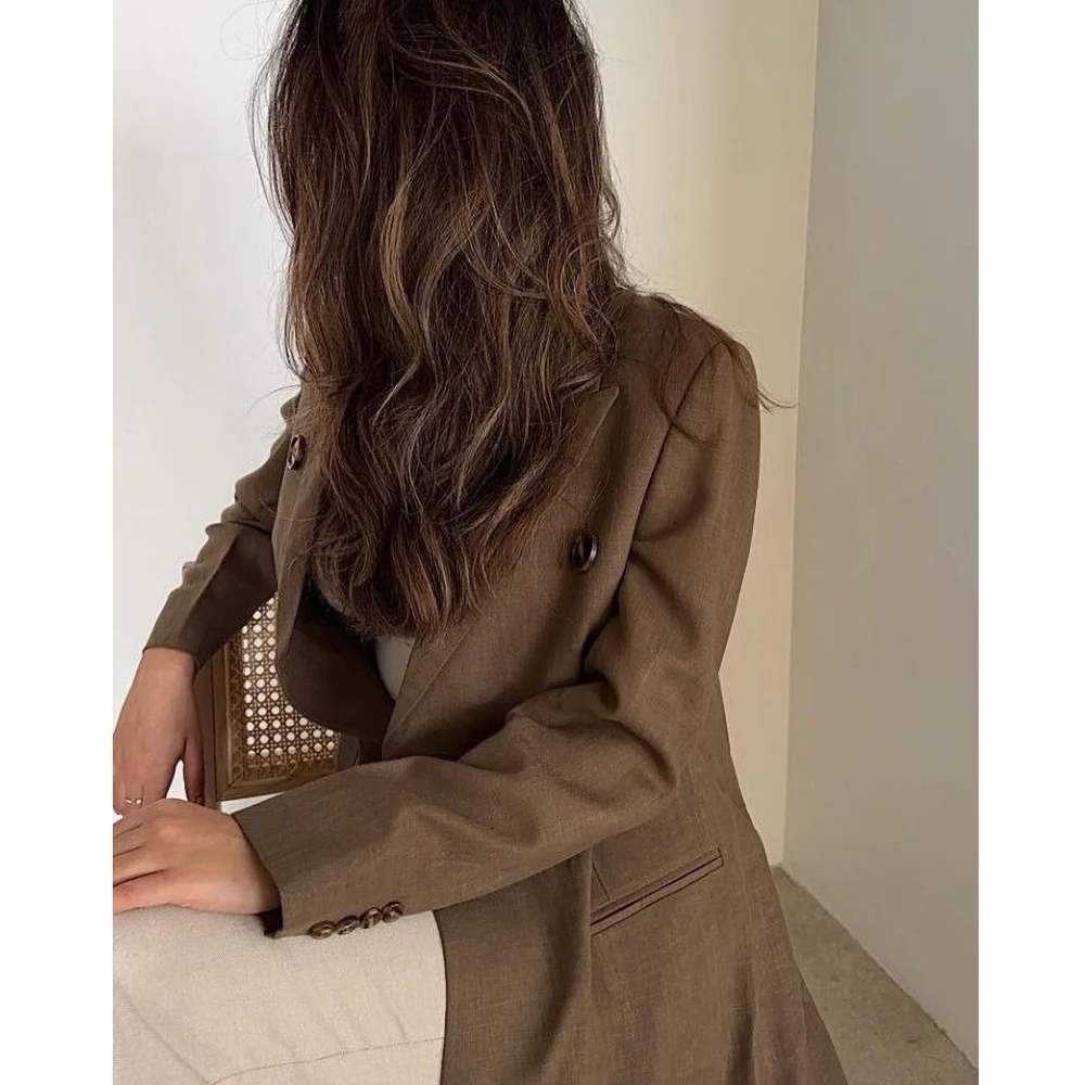 Brown Peak Lapel Double Breasted Women Jacket One Piece Summer Fashion
