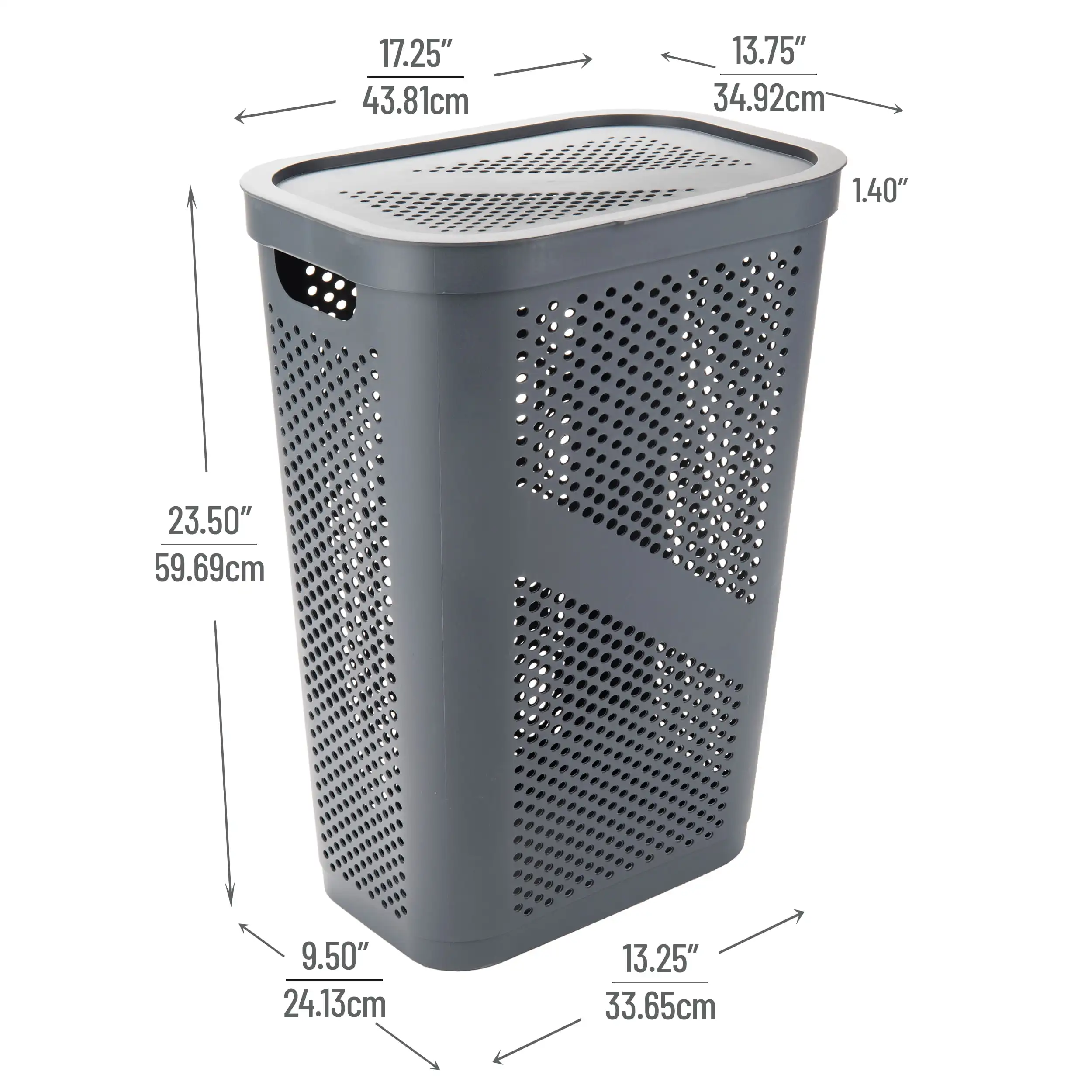 60L Slim Laundry Hamper, Lid, Ventilated, Plastic, 17.25"L x 13.75"W x 23.5"H, Gray 4