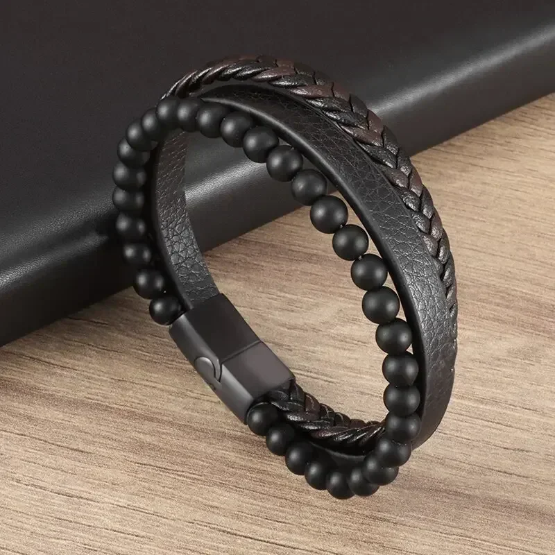 Vintage Punk Hand Woven Three Layer Leather Black Beaded Bracelet Magnetic Bracelet Clasp Men\'s Charm Business Event Jewelry 1