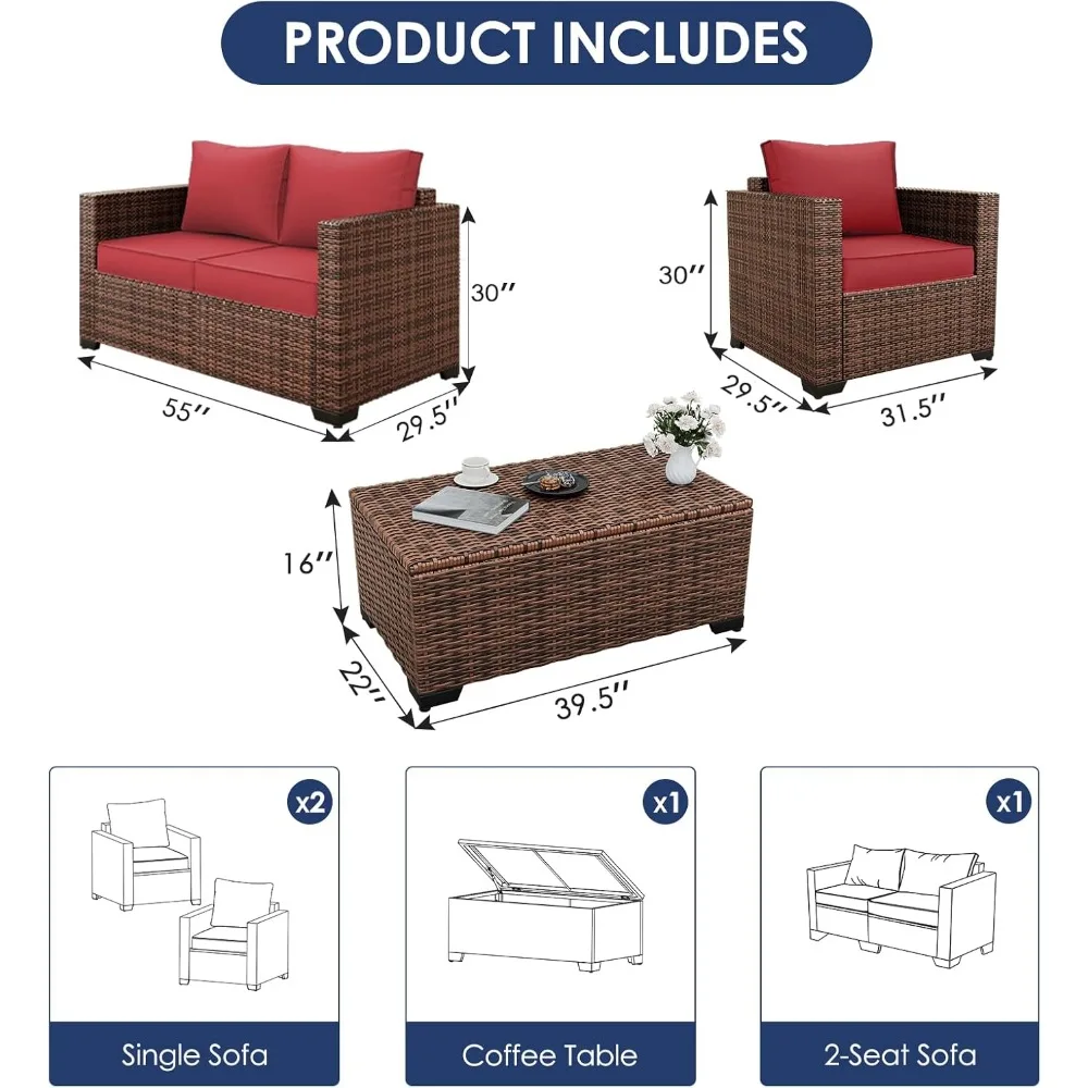 Outdoor Patio Furniture Set, 5 Pieces Outdoor Sectional Wicker Patio Furniture, Outdoor Sofa with Storage Coffee Table 5