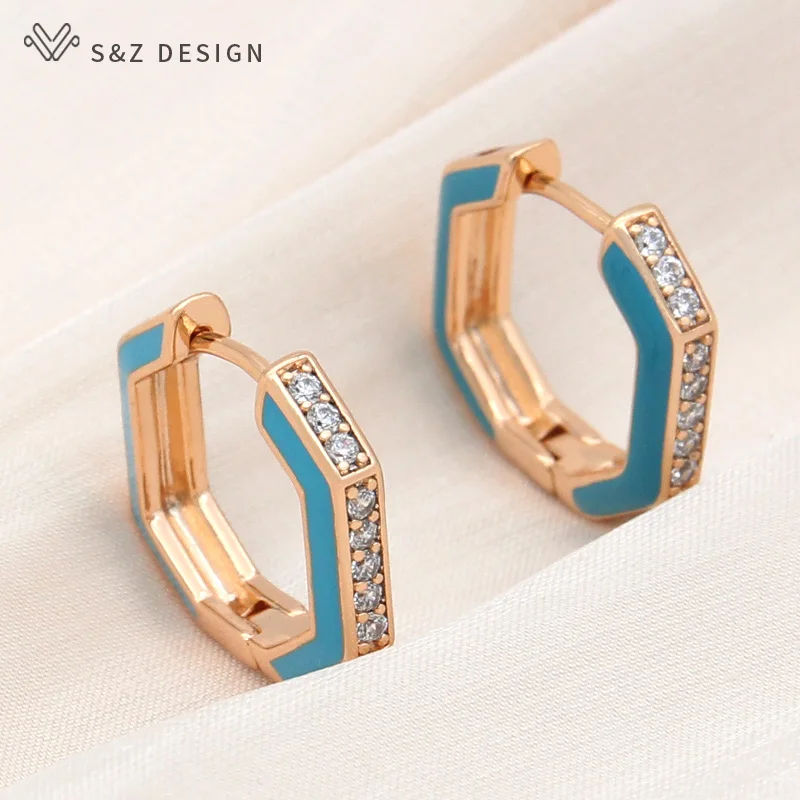 S&Z DESIGN New Fashion Vintage Green Enamel Drop Earrings For Women Wedding Champagne Gold Color Cubic Zirconia Eardrop Jewelry